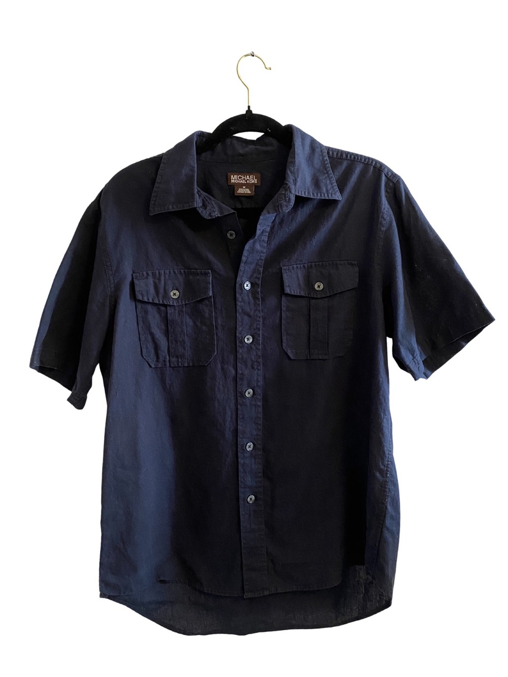 Michael Kors Men’s Black Linen-Blend Short Sleeve Button-Down Shirt